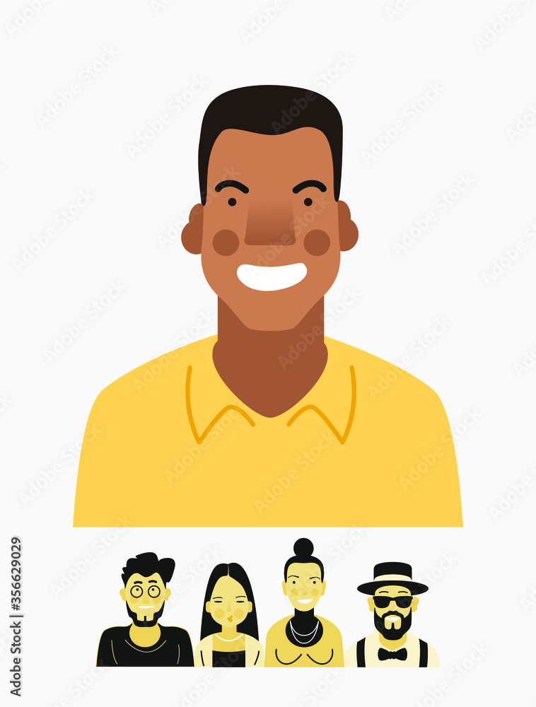 Bright person portrait. Avatars set. Hand drawn flat style. Illustration of male and female faces and shoulders. Vector people icons.