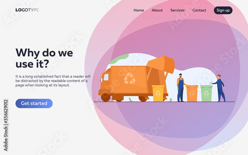 Garbage collector cleaning waste bin flat vector illustration. Cartoon man putting rubbish for recycling. Service and disposal industry concept.