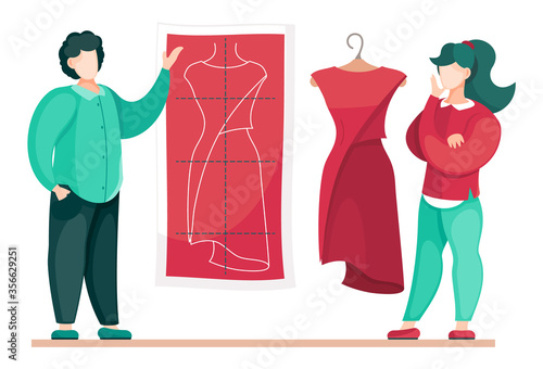 Designers or stylists working at red dress model. Sewer looking at pattern of dress and concept of model at hangers. Sewing workshop. Woman and man working in fashion atelier. Flat illustration
