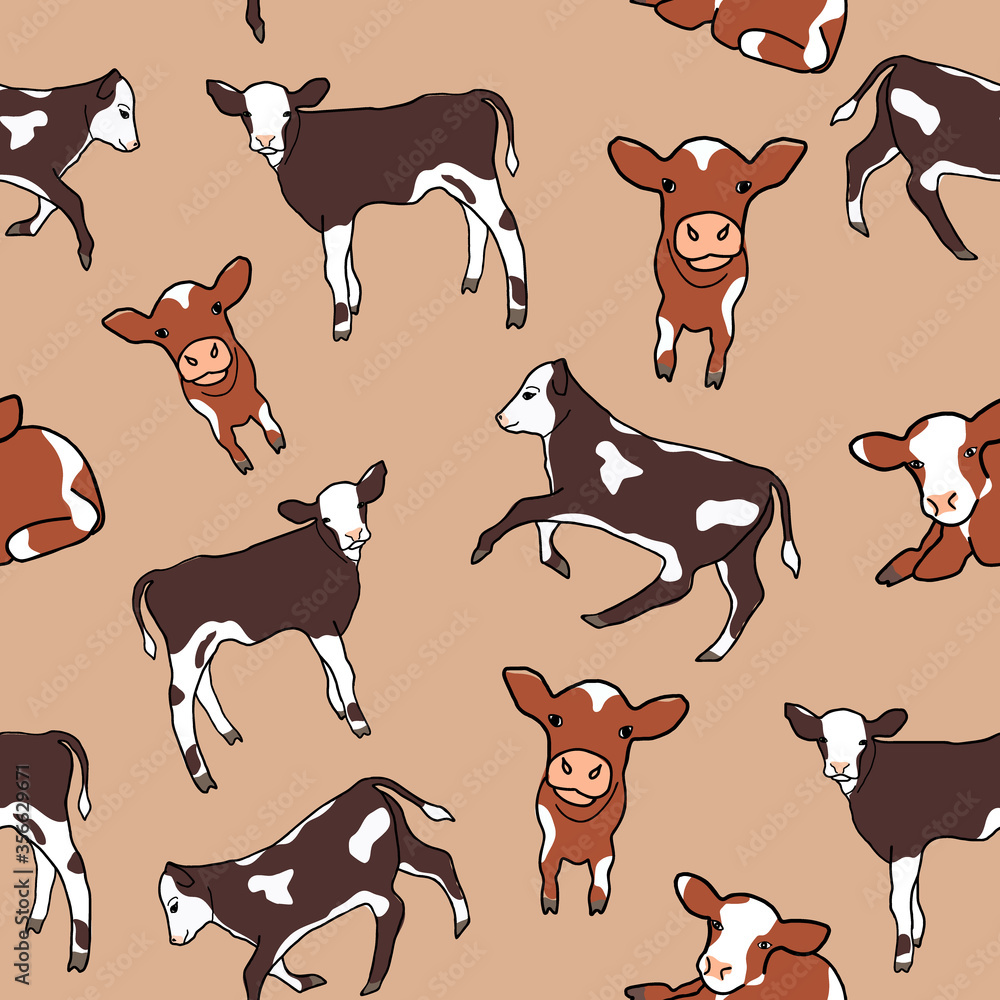 Cute spotted calf or cows background. Seamless pattern with little cartoon cows. Great for children's book, wallpaper, fabric, card, packaging design