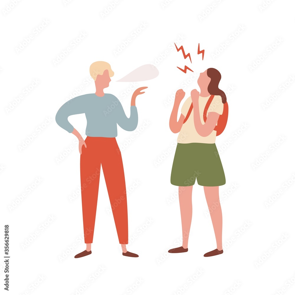 Quarrel between teenager girl and guy vector flat illustration. Young annoyed people insult each other, arguing and shouting isolated on white. Irritated characters having conflict and disagreement Quarrel between teenager girl and guy vector flat illustration. Young annoyed people insult each other, arguing and shouting isolated on white. Irritated characters having conflict and disagreement