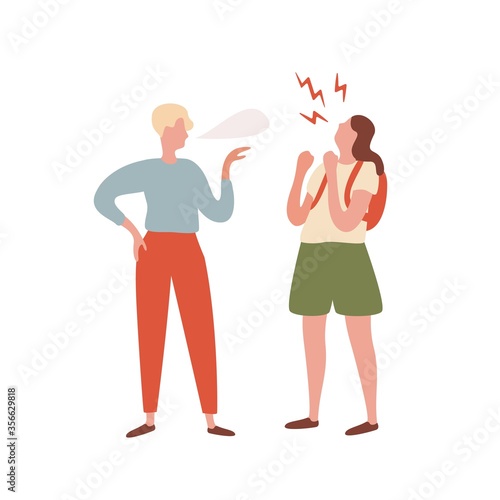 Quarrel between teenager girl and guy vector flat illustration. Young annoyed people insult each other, arguing and shouting isolated on white. Irritated characters having conflict and disagreement