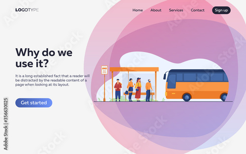 Passengers waiting for public transport at bus stop flat vector illustration. Cartoon characters using auto. Transportation and conveyance concept.