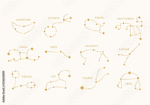 Set of golden constellations. Vector zodiac signs. Celestial illustration.