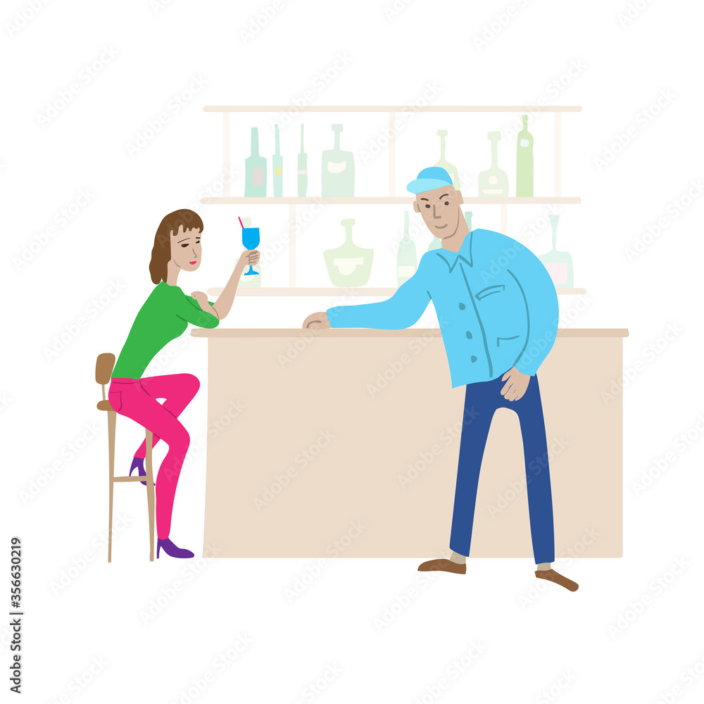 Cartoon bar scene. Young woman drinks cocktail in high chair, nearby stands a young guy leaning on bar counter. Cartoon bar scene. Young woman drinks cocktail in high chair, nearby stands a young guy leaning on bar counter.
