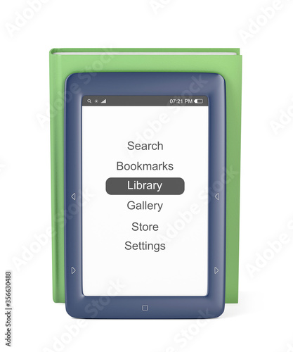 Blue e-book reader and green book on white background