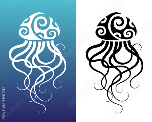 Jellyfish Maori style. Tattoo sketch or logo. Tribal ethno style. Blue gradient and white background.