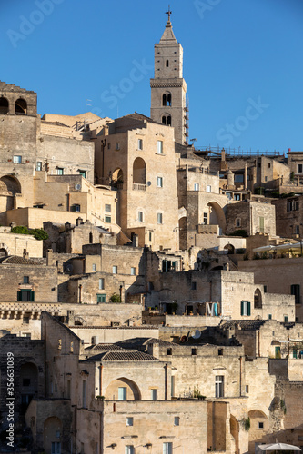 View of the Sassi di Matera a historic district in the city of Matera  well-known for their ancient cave dwellings. Basilicata. Italy