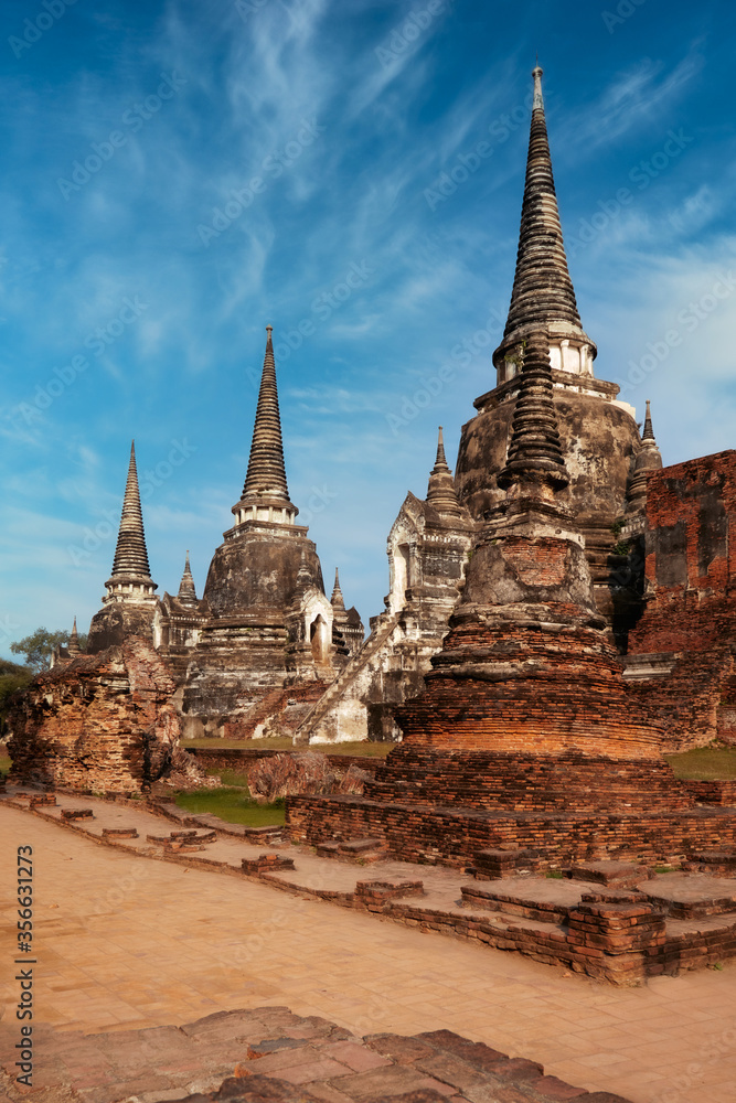 The ruins of ayutthaya, Wat Phra Si Sanphet, in the morning in Thailand during the day
