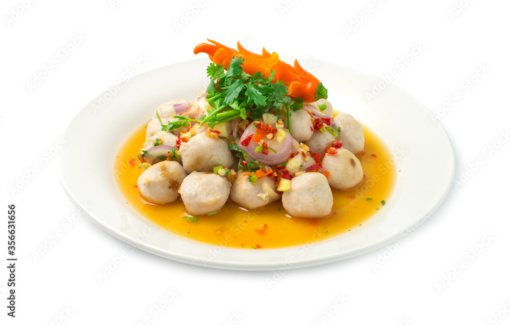 Pork Ball grilled ontop with spicy sauce