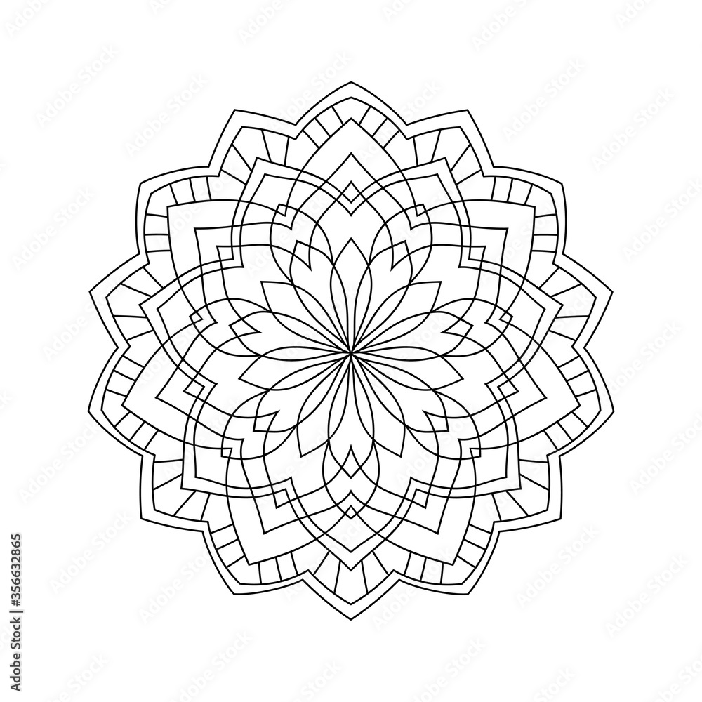 Simple decorative mandala with geometric pattern on white isoalted background. For coloring book pages.