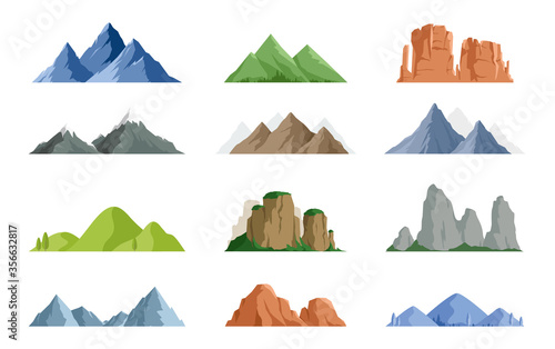 Vector set of isolated snowy mountains, mountain peak, hill top, iceberg, nature landscape. Camping landscape and hiking illustration. Outdoor travel, adventure, tourism, climbing design elements