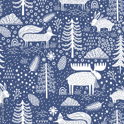 Seamless pattern nature forest wildlife Canada.Season winter park.