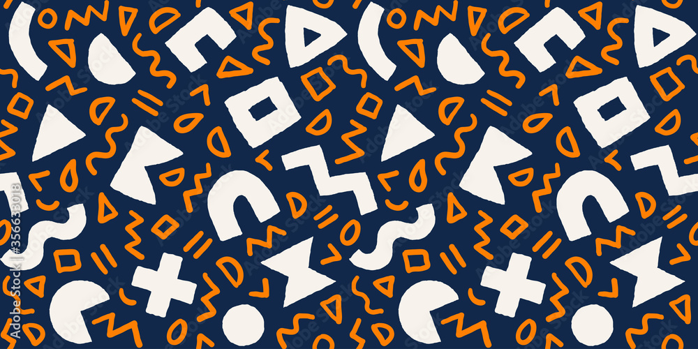 Vector seamless pattern with geometric shapes and brushstrokes. Abstract background with Scandinavian cut out elements. Vector seamless pattern with geometric shapes and brushstrokes. Abstract background with Scandinavian cut out elements.