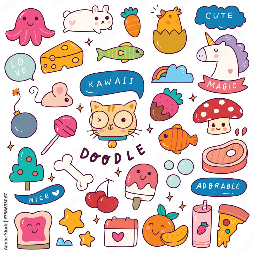 Set of Kawaii Icon in Doodle Style Illustration, Cute Sticker Collection  Stock Vector