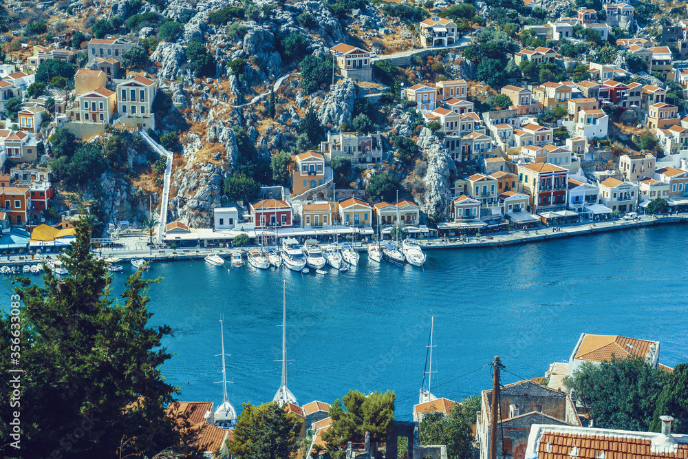 Panoramic view of the picturesque village on the Greek island of Symi, Dodecanese, Greece