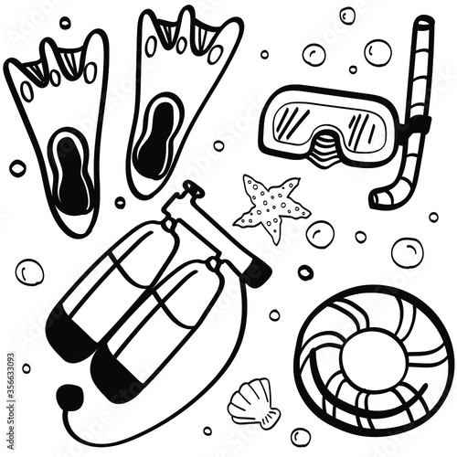 set of vector illustration  summer doodle. summer time. fashion accessories. aqualunger staff
