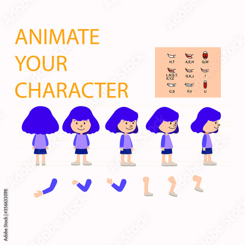 Front, side, back view animated characters. Female Students creation set with various views, hairstyles, face emotions, poses and gestures. Cartoon style, flat vector illustration.