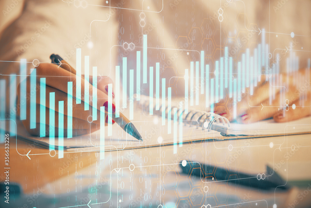 Double exposure of woman's hands making notes with forex graph hologram. Concept stock market analysis. Double exposure of woman's hands making notes with forex graph hologram. Concept stock market analysis.