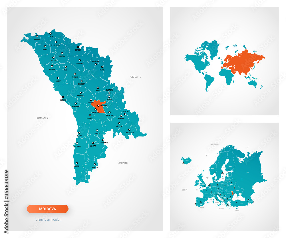 Obraz premium Editable template of map of Moldova with marks. Moldova on world map and on Europe map.