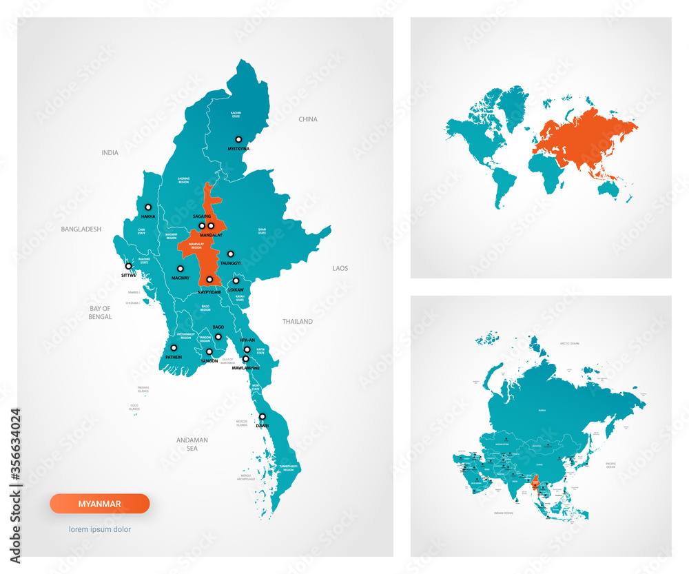 Editable template of map of Myanmar -  Burma with marks. Myanmar -  Burma on world map and on Asia map.