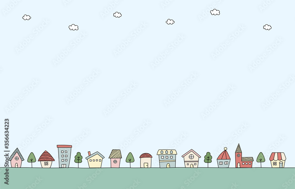 Obraz premium 手書きの街並のイラストのセット／家／背景