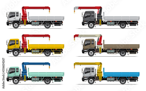 VECTOR EPS10 - set of truck mounted crane in different color, isolated on white background.