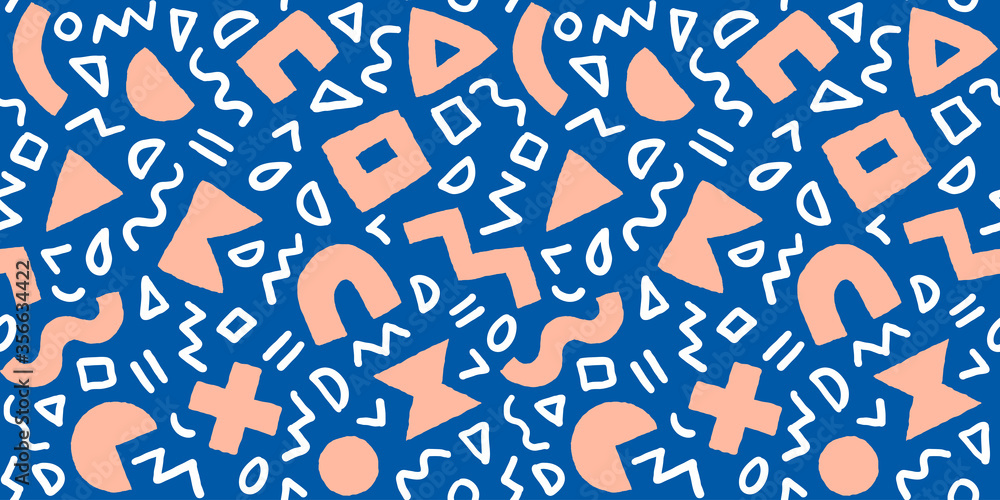 Vector seamless pattern with geometric shapes and brushstrokes. Abstract background with Scandinavian cut out elements. Vector seamless pattern with geometric shapes and brushstrokes. Abstract background with Scandinavian cut out elements.