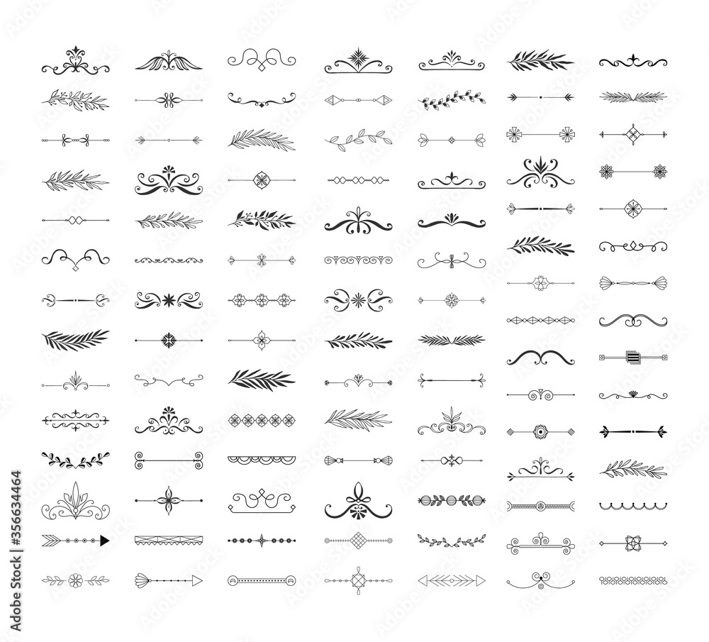 Collection of hand drawn dividers, borders, frames, lines. Monogram wedding design. Vector isolated illustration.
