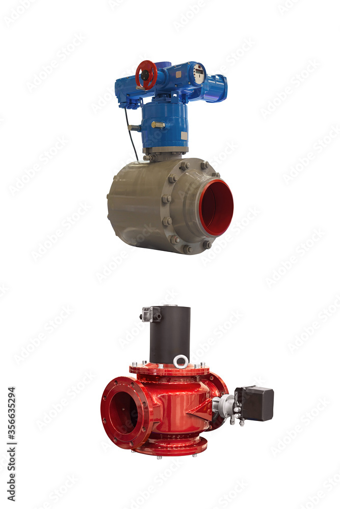 two modern ball valves with electronic control isolated on white background two modern ball valves with electronic control isolated on white background