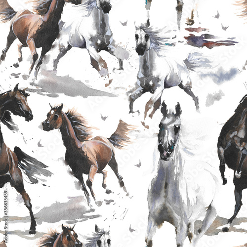 Hand drawn watercolor illustration. Cute cartoon. Seamless pattern. Horses white and dark brown. Mustang wild Arabian.  White background. Pastel color. For cloth  linen and other texture.