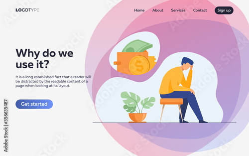 Depressed sad man thinking over financial problems and debts. Businessman broke, needing money, having unpaid loan. Vector illustration for bankruptcy, loss, crisis, trouble concept