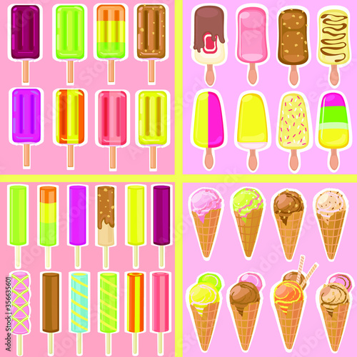 Set of vector illustrations with ice cream  cone  stick  frozen ice  waffle cup. Cartoon style. Can be used for icons or stickers. Summer dessert