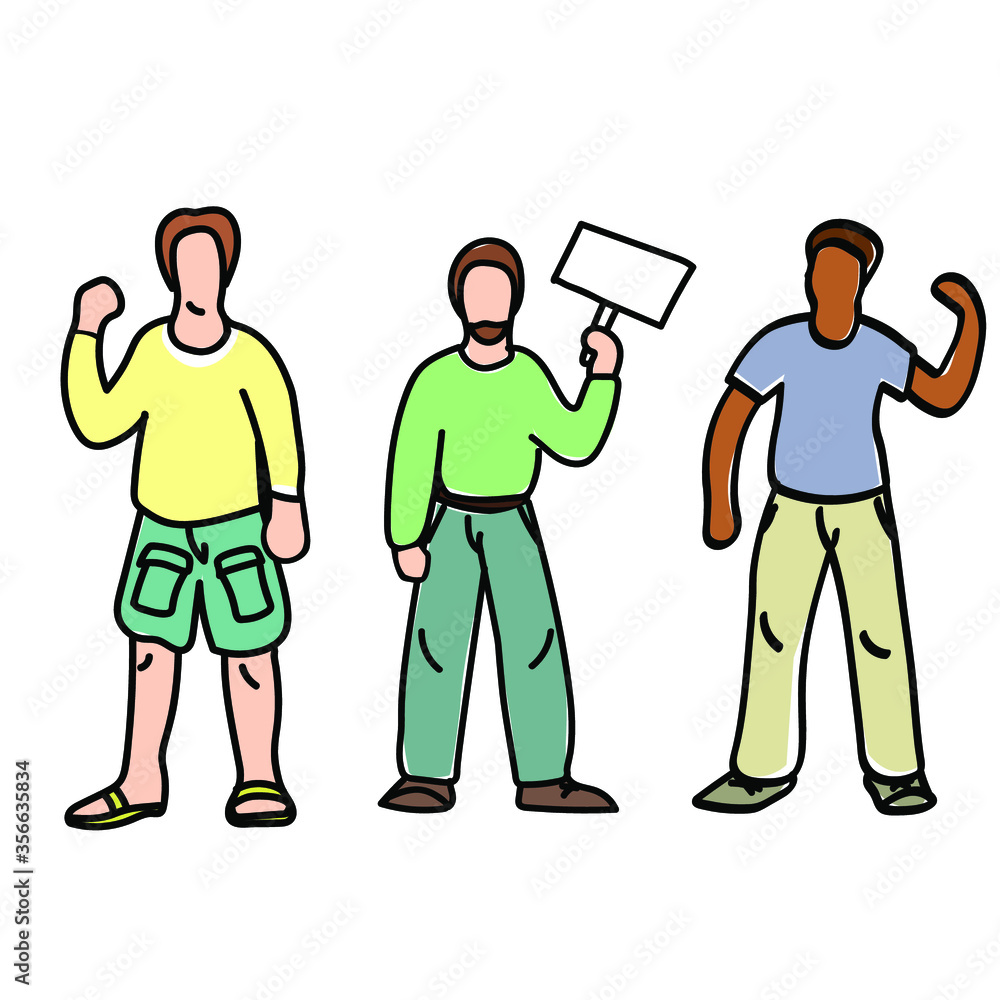 Set of vector illustration with men protesting. male characters design. black and white men