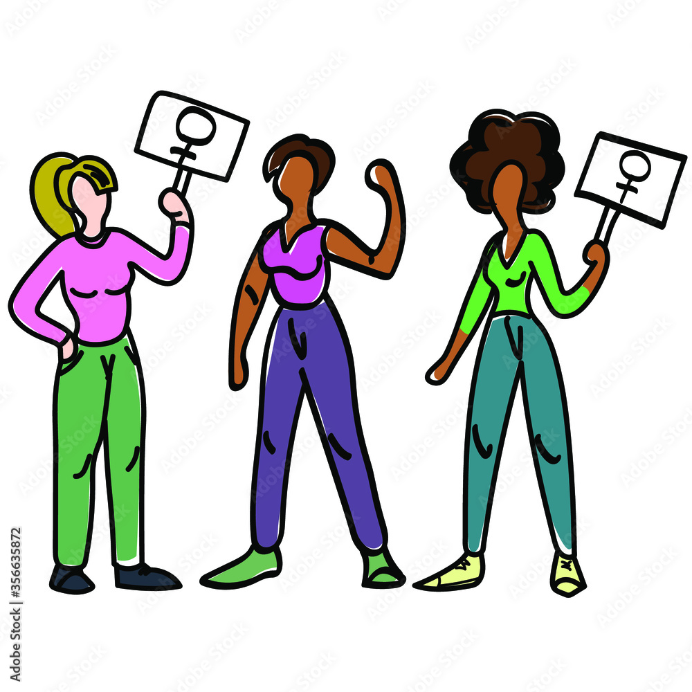 Set of vector illustration with women protesting. feminism. female characters design. black and white women Set of vector illustration with women protesting. feminism. female characters design. black and white women