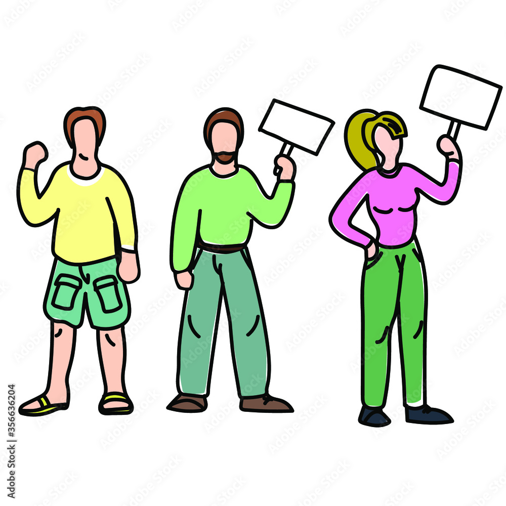 Set of vector illustration with people protesting. male and woman characters design. Set of vector illustration with people protesting. male and woman characters design.