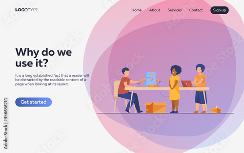 Children presenting cyborg at robotics class. Children showing robot to teacher. Vector illustration for education, robotic technology, school project concept