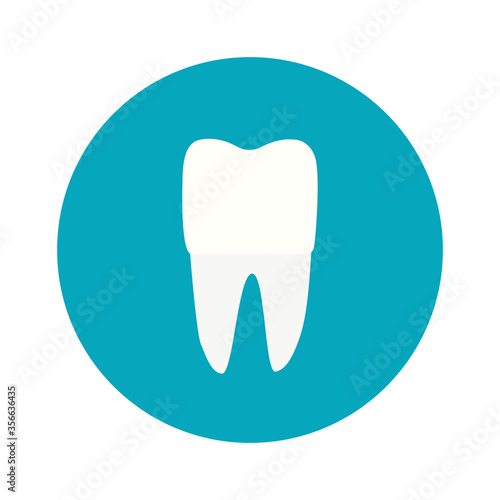 Modern, minimalist icon tooth. Vector logo for dentists. Symbol for mobile interface, flat .illustration on a blue round background.