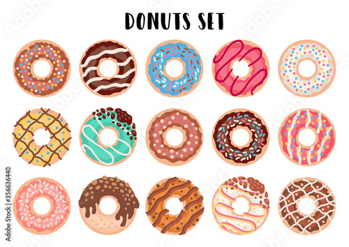 Set of 15 cartoon colorful donuts on white