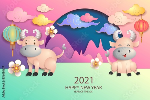Happy new year 2021 / Chinese new year / Year of the ox / Zodiac sign for greetings card, invitation, posters, brochure, calendar, flyers, banners 