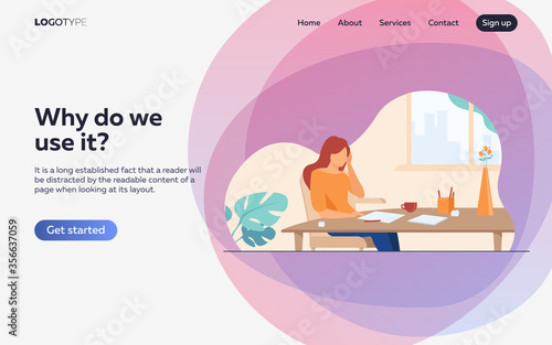 Young author or writer working on new article. Woman sitting at clean paper, crumpling pieces of drafts. Vector illustration for writing, creative crisis, journalism concept