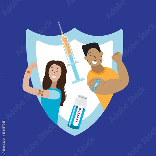 Young woman and man were vaccinated. Vaccination related item set. Vaccine, syringe, patch. Vaccination concept. Stock vector illustration, flat style.