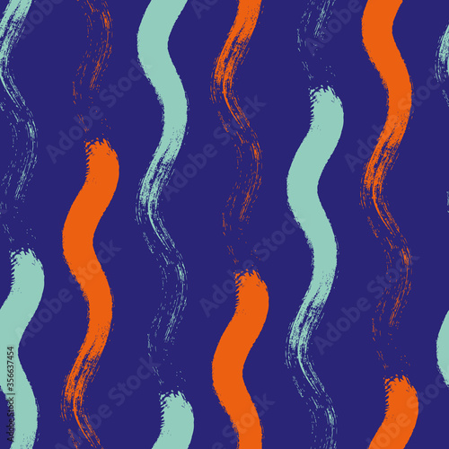 Wavy line seamless vector pattern background. Hand drawn coarse brush stroke vertical flowing wave. Neon indigo, blue, orange backdrop. Modern geometric stripe repeat for sport apparel, swimwear