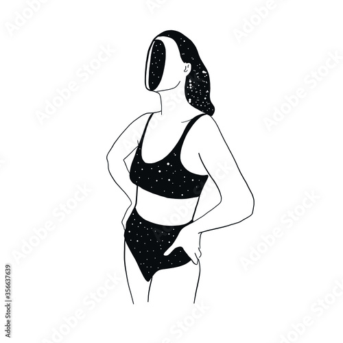Magic mystical girl. Linear hand drawing of a woman in a swimsuit, the silhouette of a female body in lingerie, a drawing in a minimalist style with night stars elements. 