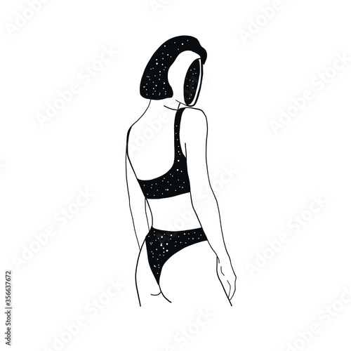 Magic mystical girl. Linear hand drawing of a woman in a swimsuit, the silhouette of a female body in lingerie, a drawing in a minimalist style with night stars elements. 