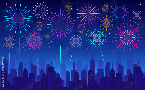 Vector illustration of colorful festive fireworks in dark evening sky. Celebration background for winter holiday, Xmas, New Year,  Independence day, carnival, birthday. Glowing light over the city.