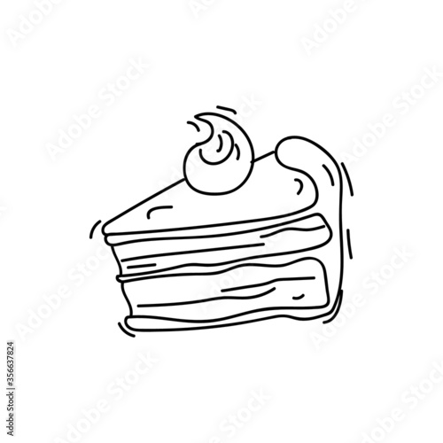 delectable slice of cake is captured in a minimalist line art style, featuring layers and topped with a swirl of cream. This illustration highlights the cake's deliciousness and charm.