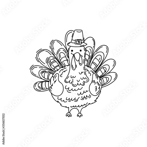 line art illustration of a turkey wearing a pilgrim hat. Minimalist contour drawing suitable for Thanksgiving cards, posters, coloring pages, stickers, packaging, and autumn-themed projects.