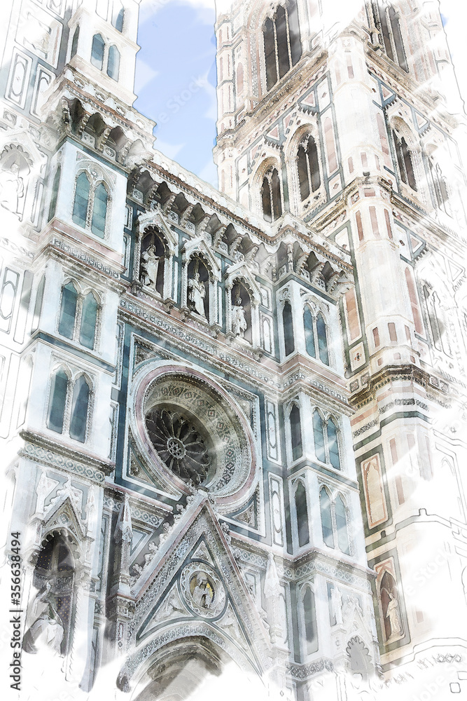 art watercolor background isolated on white basis with european antique town, Italy, Florence, Santa Maria del Fiore