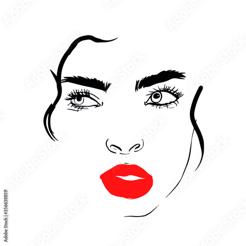 Minimal portrait woman with red lipstick. Minimal line girl face. Glamour and beauty. 